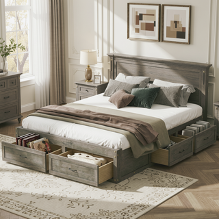 Sunvega Antique Natural Queen Size Platform Bed with 6 Spacious Storage Drawers