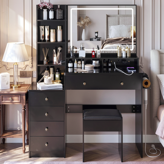 Sunvega 41 Inch Large Size Left Bedside Cabinet Vanity Table with Cushioned Stool
