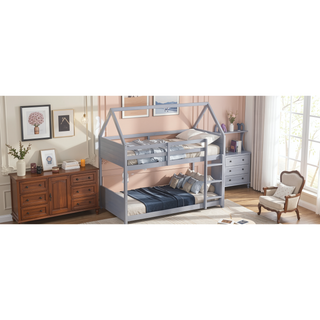 Sunvega Twin Over Twin House Floor Bunk Bed with Headboards Footboards Guardrails and Ladder