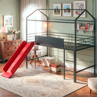 Sunvega Twin Size Metal Loft Bed with Slide and Two-Sided Writable Wooden Board