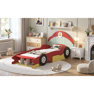 Sunvega Twin Size Race Car Platform Bed with Wheels and Safety Rails