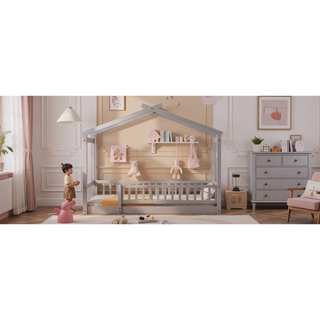 Sunvega Full Size House Bed Frame with Playhouse Fence and Roof for Kids