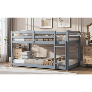 Sunvega Twin over Twin Floor Bunk Bed with Ladder and Strengthened Slats in Espresso