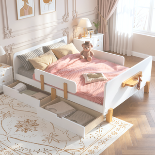 Sunvega Twin Size Solid Wood Platform Bed with Storage Drawers and Guardrail