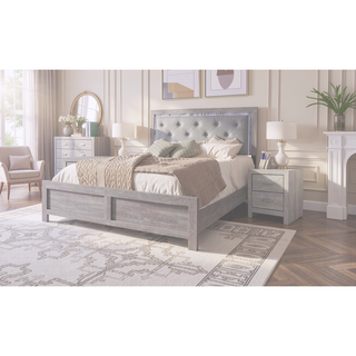 Sunvega Modern Beige Faux Leather Queen Panel Bed with Headboard Lighting