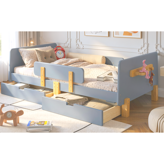 Sunvega Twin Size Solid Wood Platform Bed with Storage Drawers and Guardrail