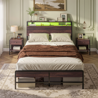 Sunvega Full Size Bed Frame with LED Lights Headboard Charging Station and Storage Shelf