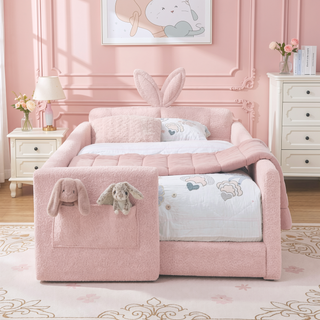 Sunvega Twin Size Upholstered Platform Bed with Cute Rabbit Ear Shaped Headboard