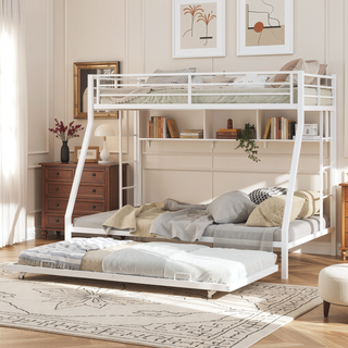 Sunvega High-Stability Square Tube Bunk Bed with Ladder & Rolling Trundle for Home Dormitory