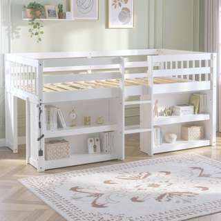 Sunvega Low Loft Bed With Two-Tier Shelves LED Light And Guardrail For Kids