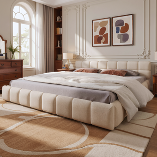 Sunvega Elegant Beige Chenille Upholstered King Bed with Checkerboard Headboard