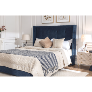 Sunvega Blue Velvet King Bed with Nailhead Trim Wingback and Buttoned Tufting