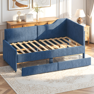 Sunvega L-Shaped Semi-Enclosed Upholstered Corduroy Daybed Frame with 2 Storage Drawers