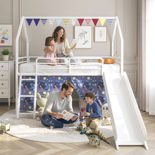 Sunvega Marvel Superhero Metal Twin Loft Bed with Slide and Curtain Set