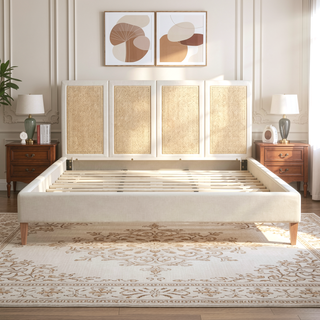 Sunvega Upholstered Platform Bed with Rattan Panels and Ivory Fabric for Bedroom