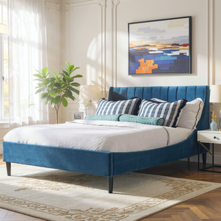 Sunvega Handmade Vertical Tufted Headboard Platform Bed Set in Light Beige Linen