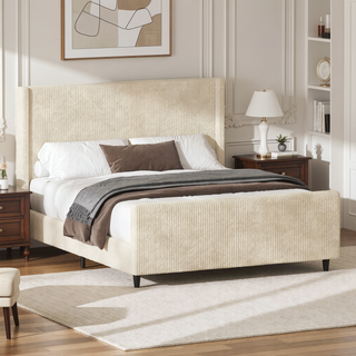 Sunvega Cream Queen Size Corduroy Upholstered Bed Frame with Winged Headboard
