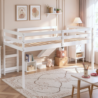 Sunvega Twin Size Wood Loft Bed with Slide Ladder and Guard Rails for Safety