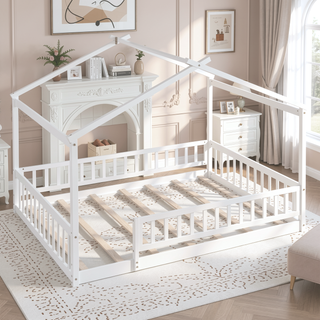 Sunvega Full Size House Bed Frame with Playhouse Fence and Roof for Kids