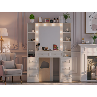 Sunvega Makeup Vanity Desk with Lighted Mirror, Charging Station and 7 Drawers