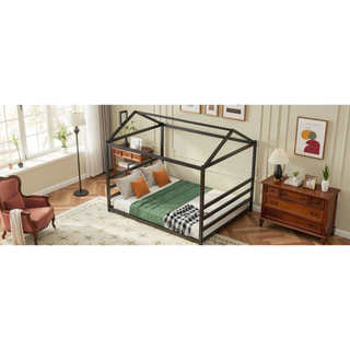 Sunvega Black Metal House Shape Platform Bed Frame with Slats for Queen Size