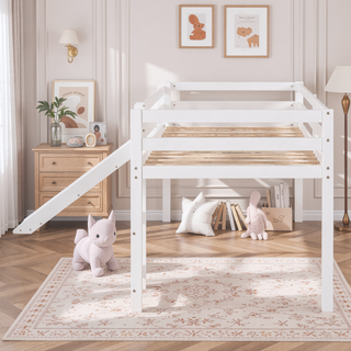 Sunvega Twin Size Wood Loft Bed with Slide Ladder and Guard Rails for Safety