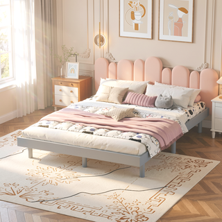 Sunvega Modern Floating Platform Bed Frame in Walnut with Sturdy Wood Construction