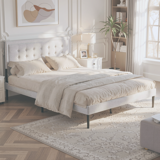 Sunvega Upholstered Queen Platform Bed Frame with Tufted Headboard and Wooden Slats