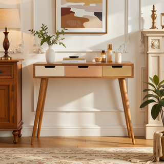 Sunvega Solid Mango Wood Dressing Table with 3 Gradient Pink and Beige Drawers