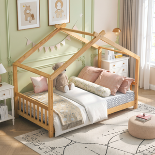 Sunvega Natural Wood Full Size House Platform Bed with Two Storage Drawers