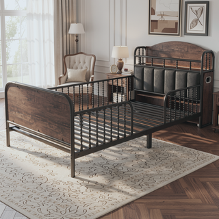 Sunvega Kids Full Metal Bed with Upholstered Headboard LED Lights and Storage