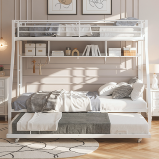 Sunvega High-Stability Square Tube Bunk Bed with Ladder & Rolling Trundle for Home Dormitory