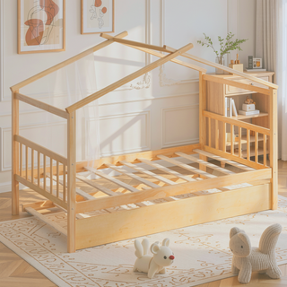Sunvega Twin Size Wooden House Bed with Trundle and Headboard for Kids Room