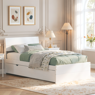 Sunvega Modern White High Gloss Twin Bed Frame with Light Oak Trundle for Space Saving