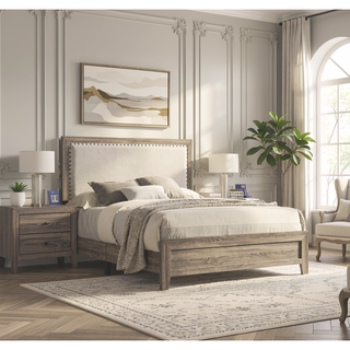 Sunvega Brown Cherry Finish Contemporary Fabric Panel Bed in One Box