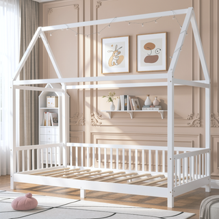 Sunvega White House Shaped Full Size Bed with Guardrail and LED Lights