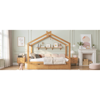 Sunvega Natural Wood Full Size House Platform Bed with Two Storage Drawers