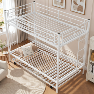 Sunvega Twin over Twin Bunk Bed with Trundle in White for Small Spaces