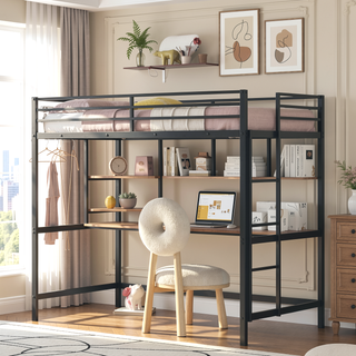 Sunvega Twin Metal Loft Bed with Desk and Shelf in Clean Painted Finish
