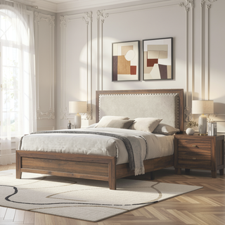 Sunvega Brown Cherry Finish Contemporary Fabric Panel Bed in One Box