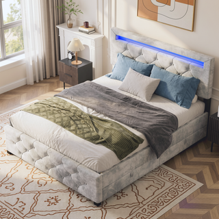 Sunvega Full Size Upholstered Platform Bed Frame with Headboard and USB Charging