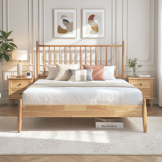 Sunvega Mid-Century Modern Design Full Platform Bed with Vertical Slats Headboard