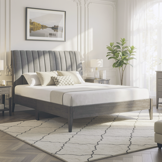 Sunvega Modern Velvet Upholstered Queen Platform Bed with Gray Wood Legs