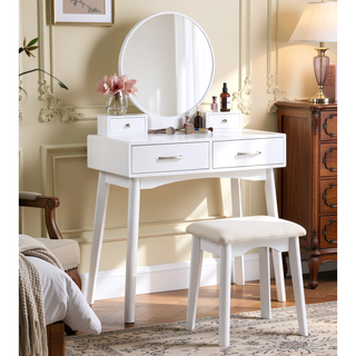 Sunvega Contemporary White Wood Vanity and Stool Set with Round Mirror