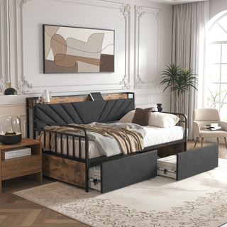 Sunvega Twin Daybed with Trundle Farmhouse Frame Sliding Barn Door Headboard Charging Station