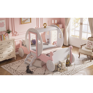 Sunvega Twin Size Princess Carriage Bed with Crown Wood Platform and Stair