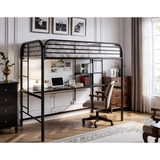 Sunvega Black Metal Twin Bunk Bed with Ladder Workstation and Guard Rails