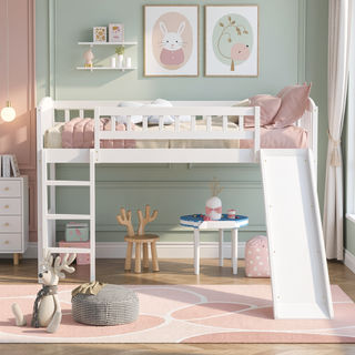Sunvega Twin Size Loft Bed with Slide and Ladder for Kids Bedroom in Gray