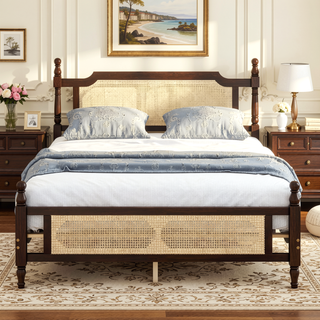 Sunvega Queen Pine Wooden Bed with Rattan Headboard and Footboard for Bedroom