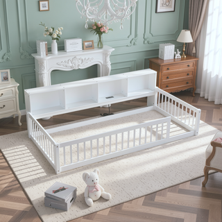 Sunvega White Wood Twin XL Floor Bed with Storage Cabinets and USB Charging Ports